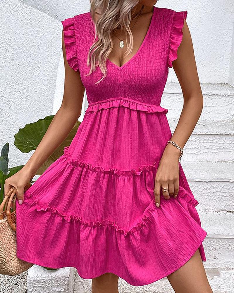 

Shirred Frill Hem Casual Smock Dress, Hot pink