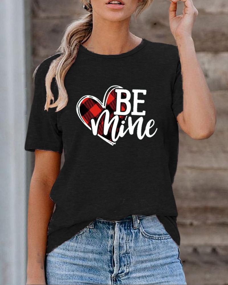 

Letter Heart Print Short Sleeve T-shirt, Black