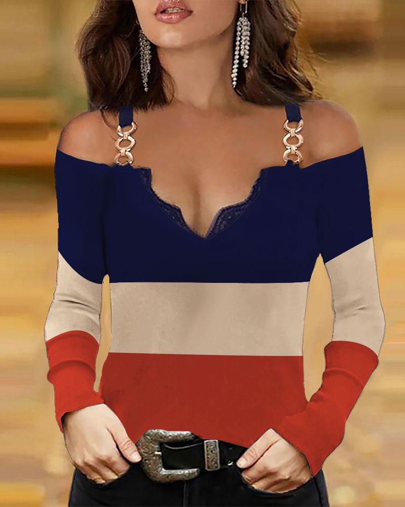 

Colorblock Lace Trim Cold Shoulder Top, Orange