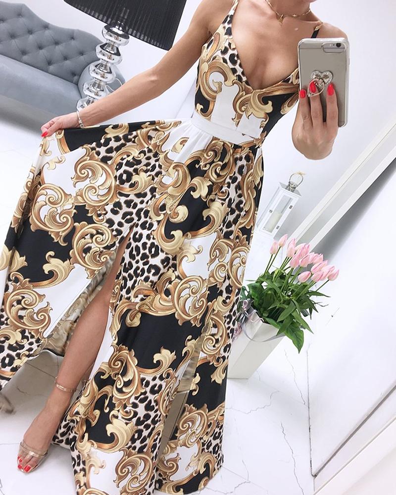 

Spaghetti Strap Leopard Paisley Print High Slit Maxi Dress, Gold