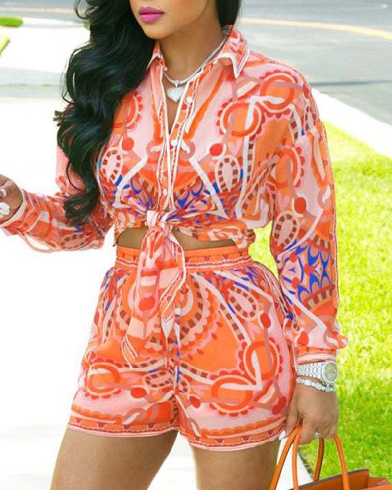 

Allover Print Long Sleeve Button Down Shirt & Shorts Set, Orange