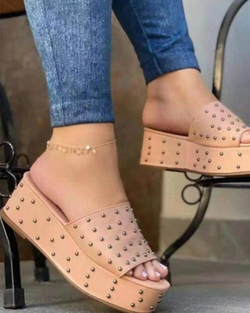 

Studded Square Toe Platform Slippers, Apricot
