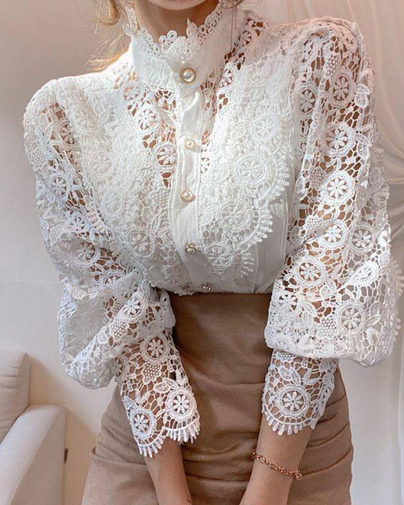 

Guipure Lace Lantern Sleeve Button Design Top, White