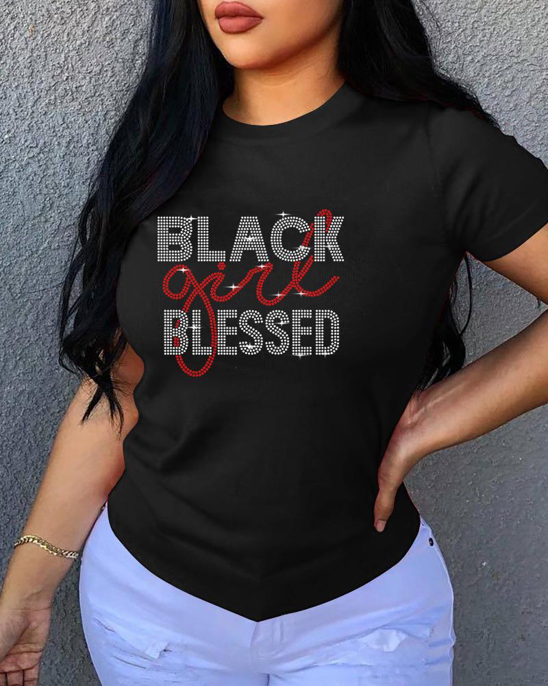 

Plus Size Rhinestone Letter Pattern Casual T-shirt, Black