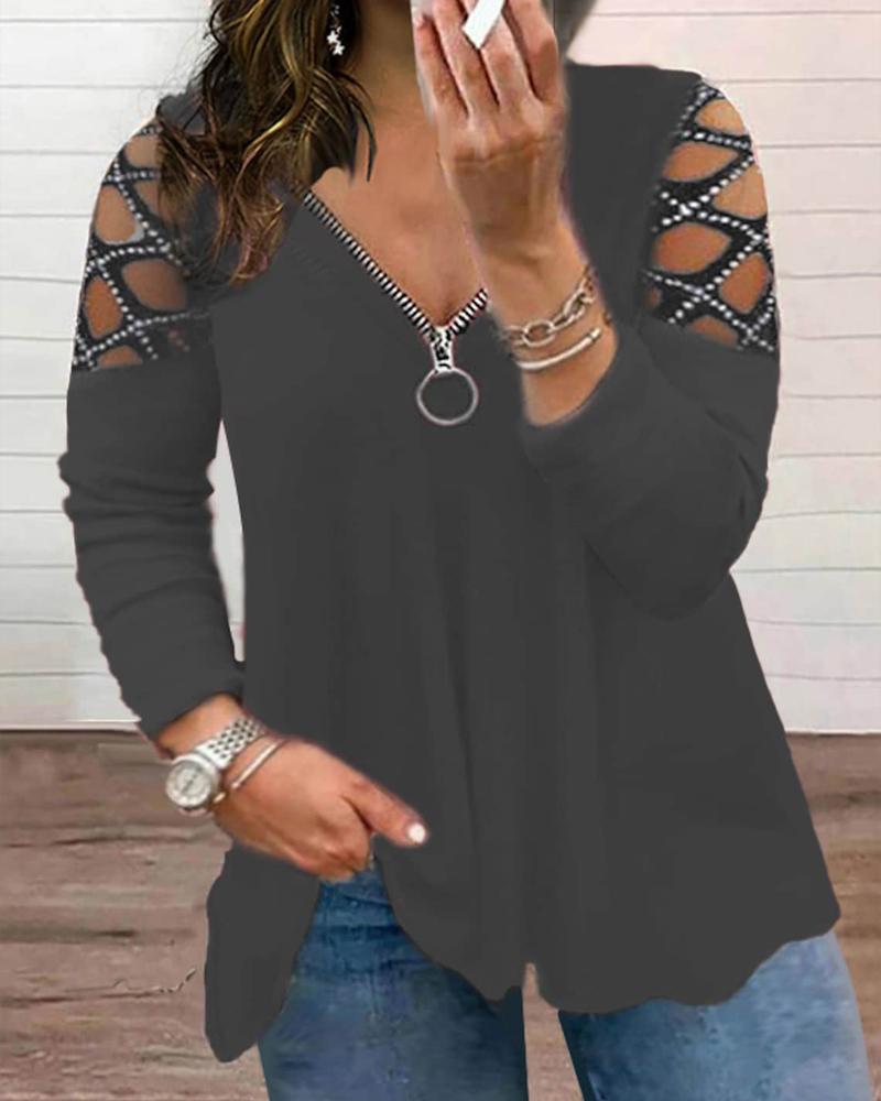 

Plus Size Zip Front Rhinestone Cold Shoulder Top, Gray