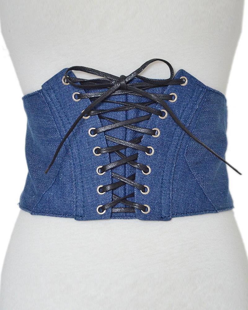 

1pc Grommet Eyelet Lace-up Denim Wide Belt, Blue