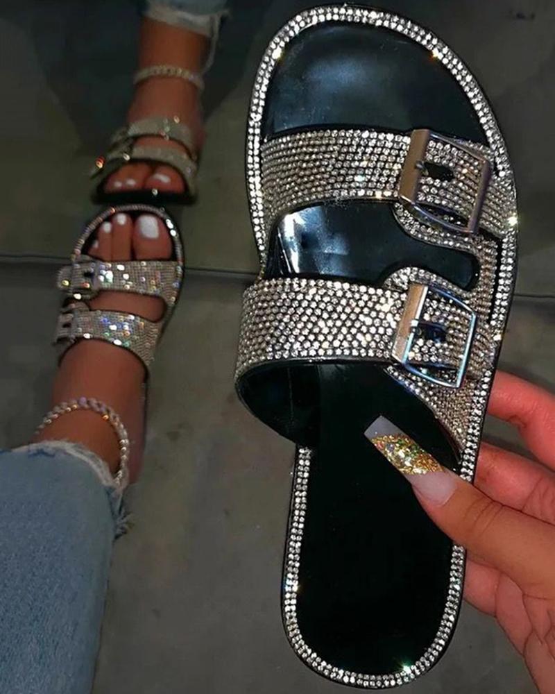 

Rhinestone Buckled Double Strap Slippers, Black