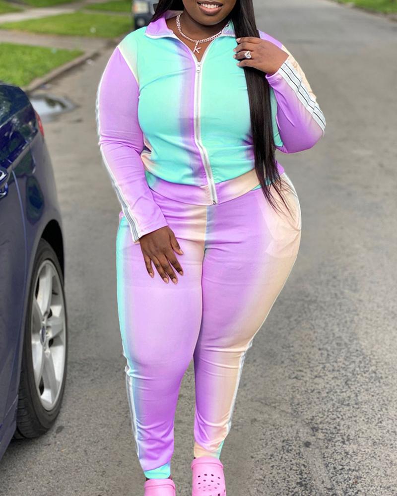 

Plus Size Gradient Color Striped Tape Top & Pants Set, Purple