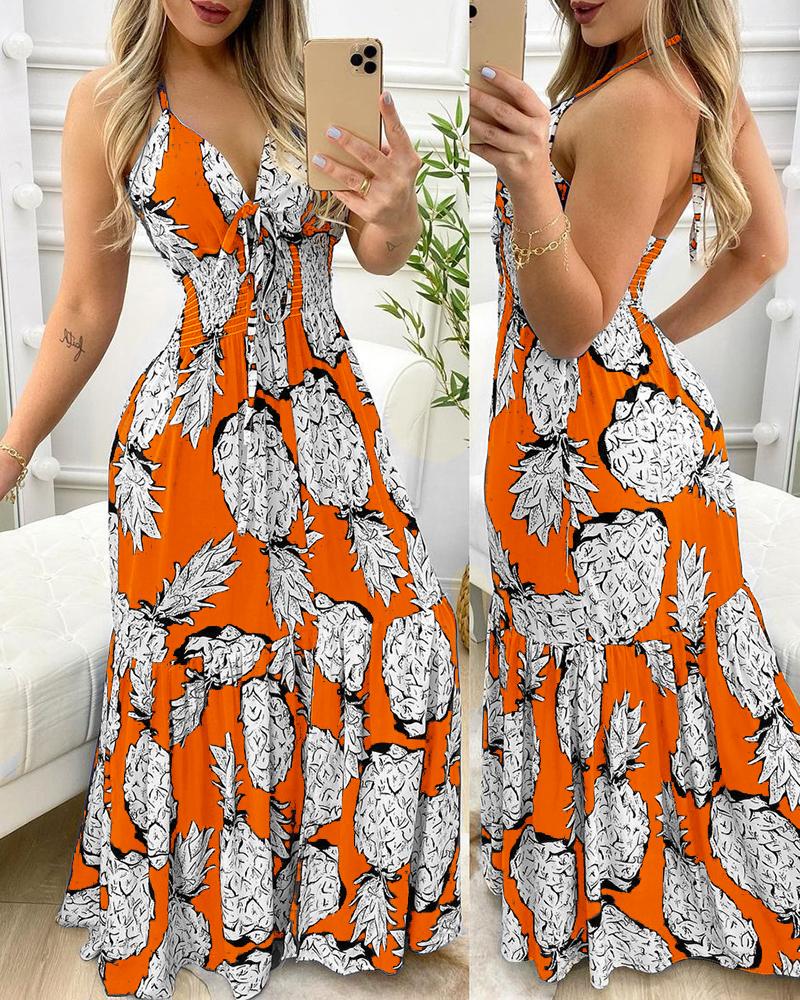 

Pineapple Print Halter Ruffle Hem Maxi Dress, Orange