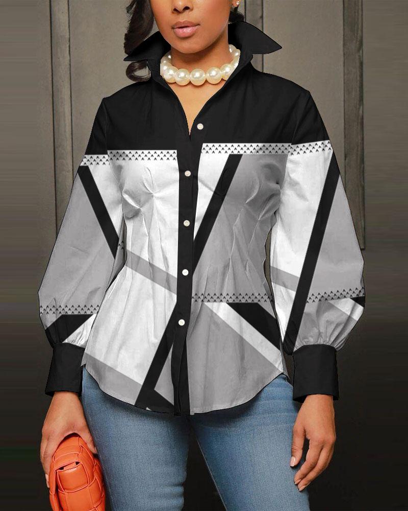

Geometric Print Lantern Sleeve Button Down Shirt, Gray