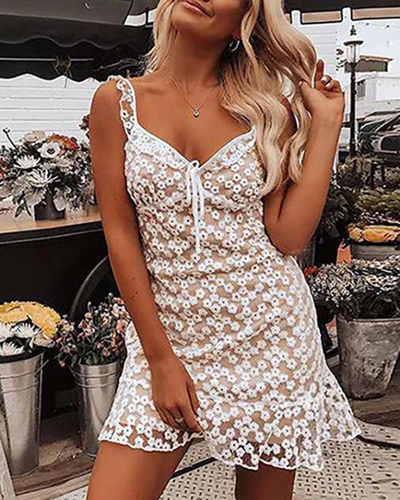 

Ruffle Hem Floral Embroidered Mesh Tie Front Dress, White