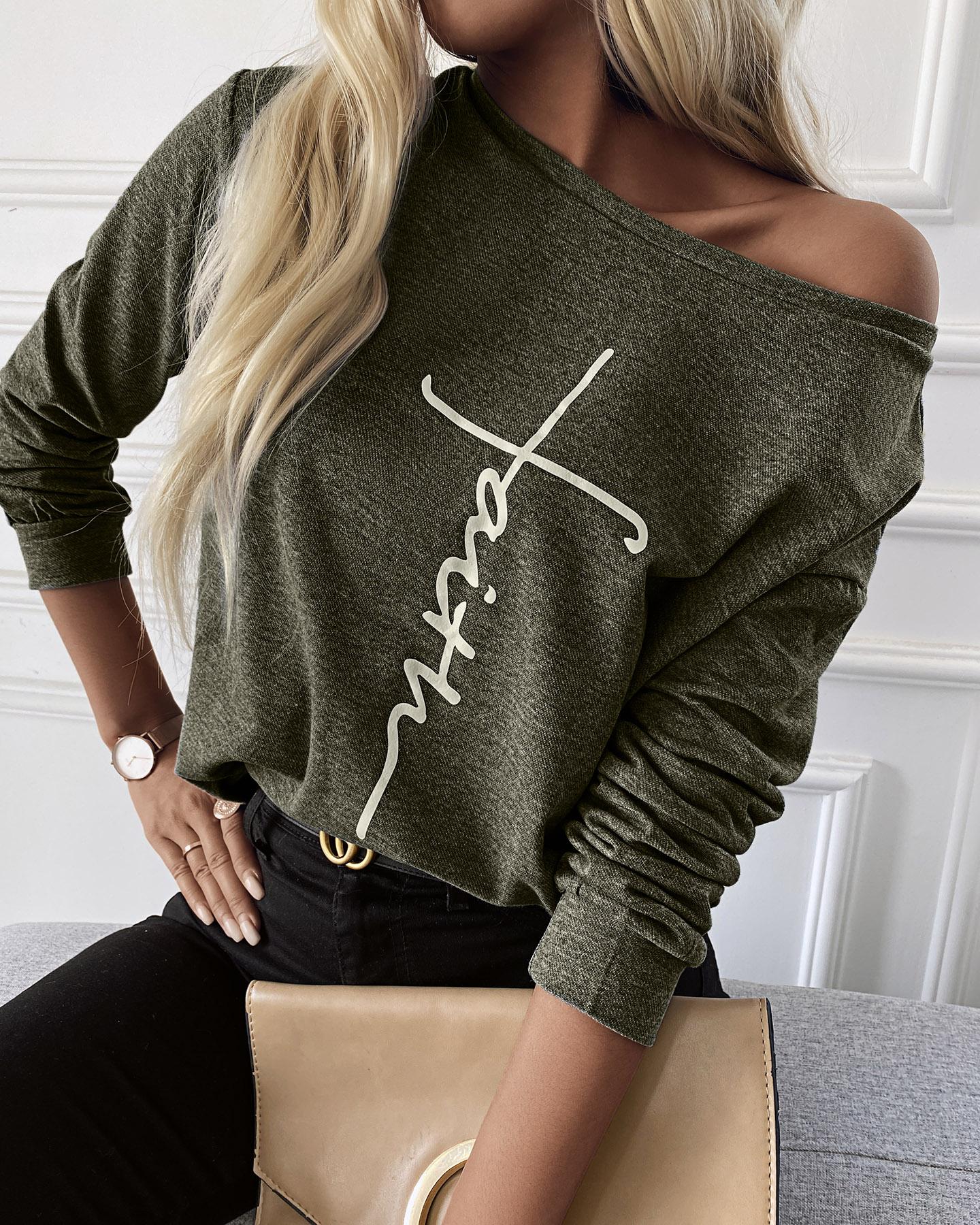 

Letter Print Long Sleeve Round Neck Sweatshirt, Green