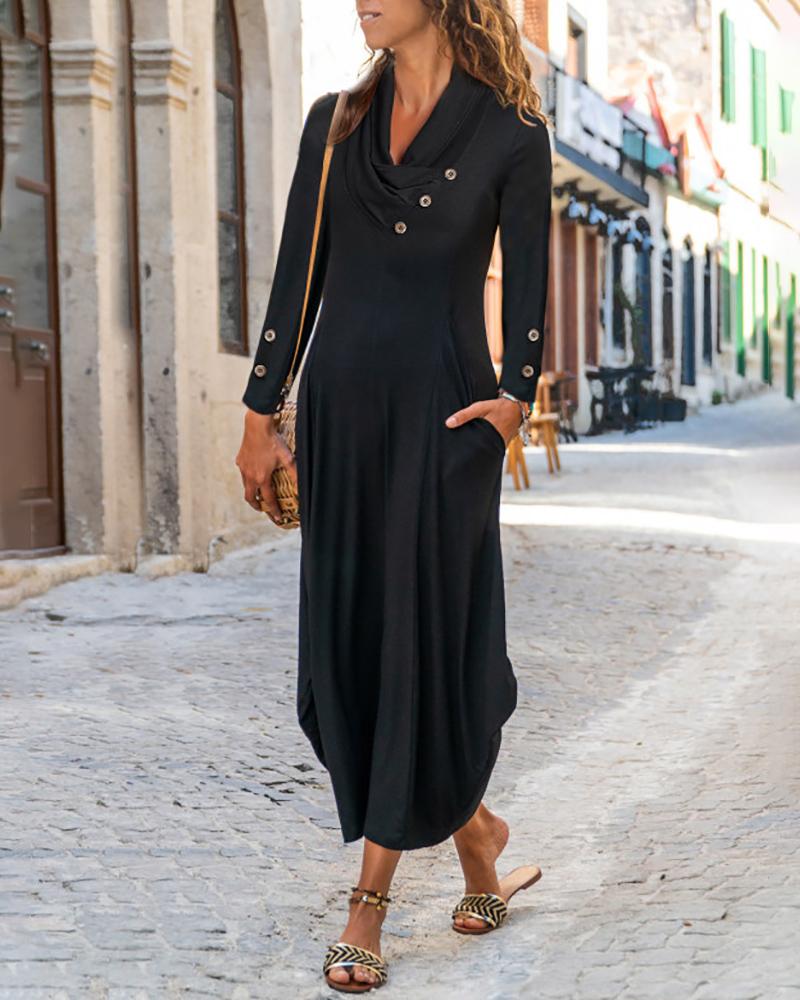 

Cowl Neck Buttoned Pocket Design Maxi Dress, Black