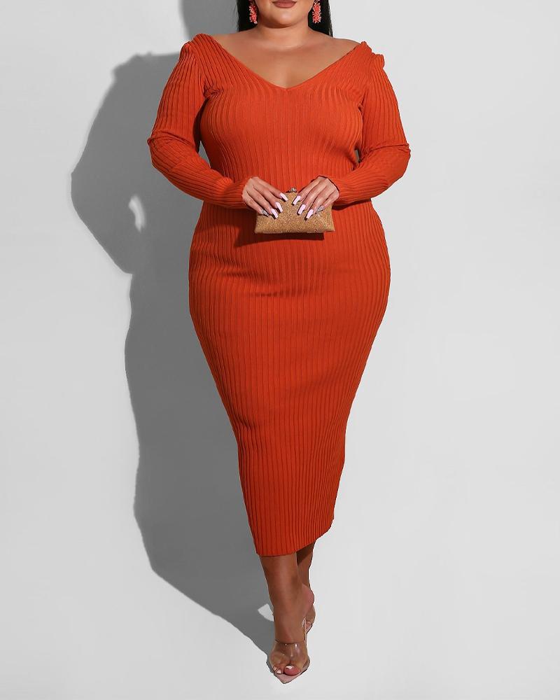 

Plus Size Ribbed Long Sleeve Bodycon Dress, Orange