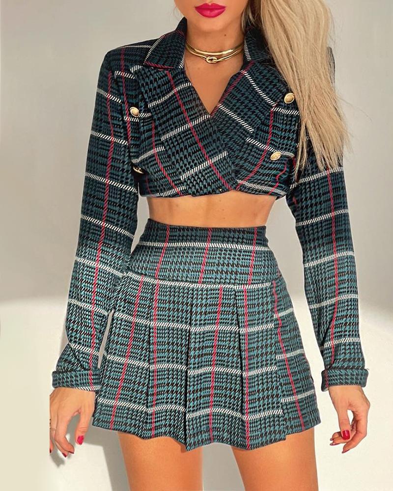 

Plaid Print Double Breasted Crop Blazer & Skorts Set, Green