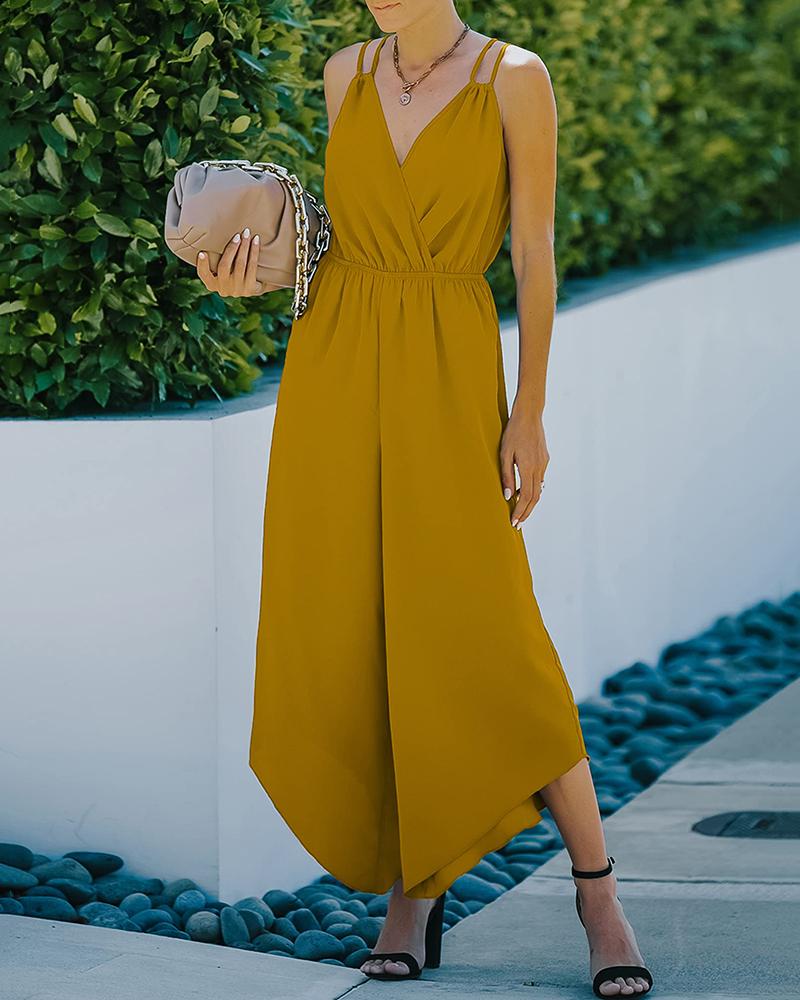 

Sleeveless Pocket Design Wide Leg Jumpsuit, Dark yellow
