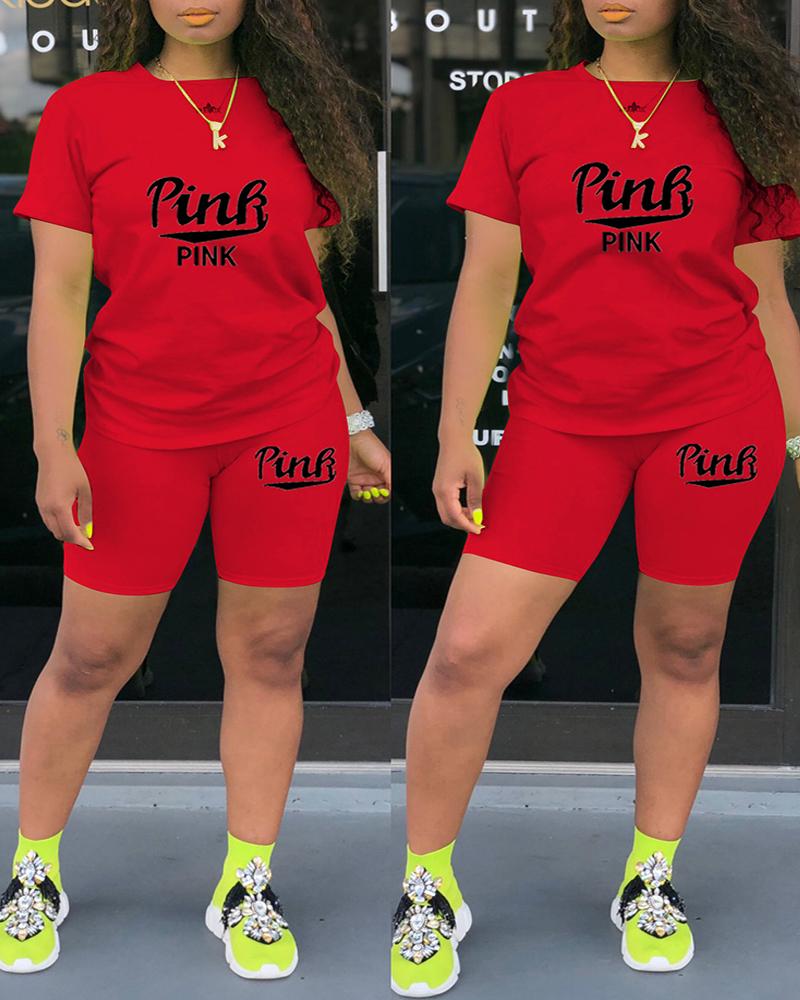 

Short Sleeve Letter Print Top & Shorts Set, Wine red