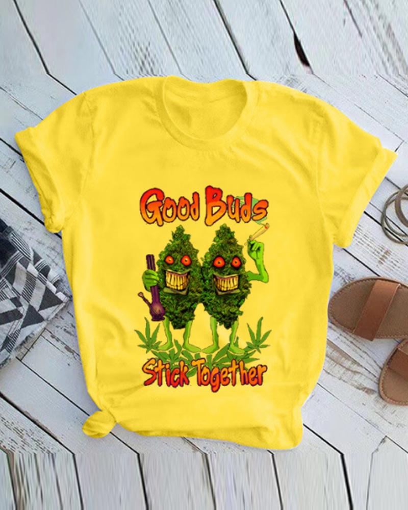

Christmas Cartoon Buds Print Short Sleeve T-shirt, Yellow