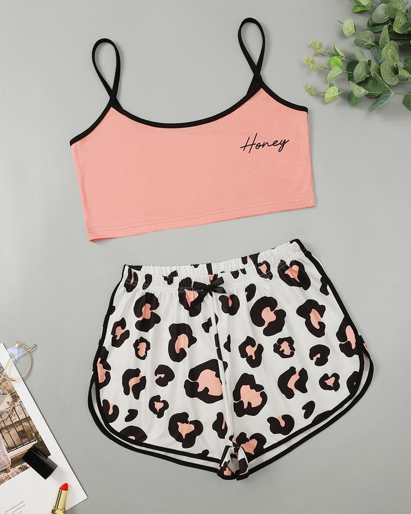 

Leopard Letter Print Bow Decor Cami Set