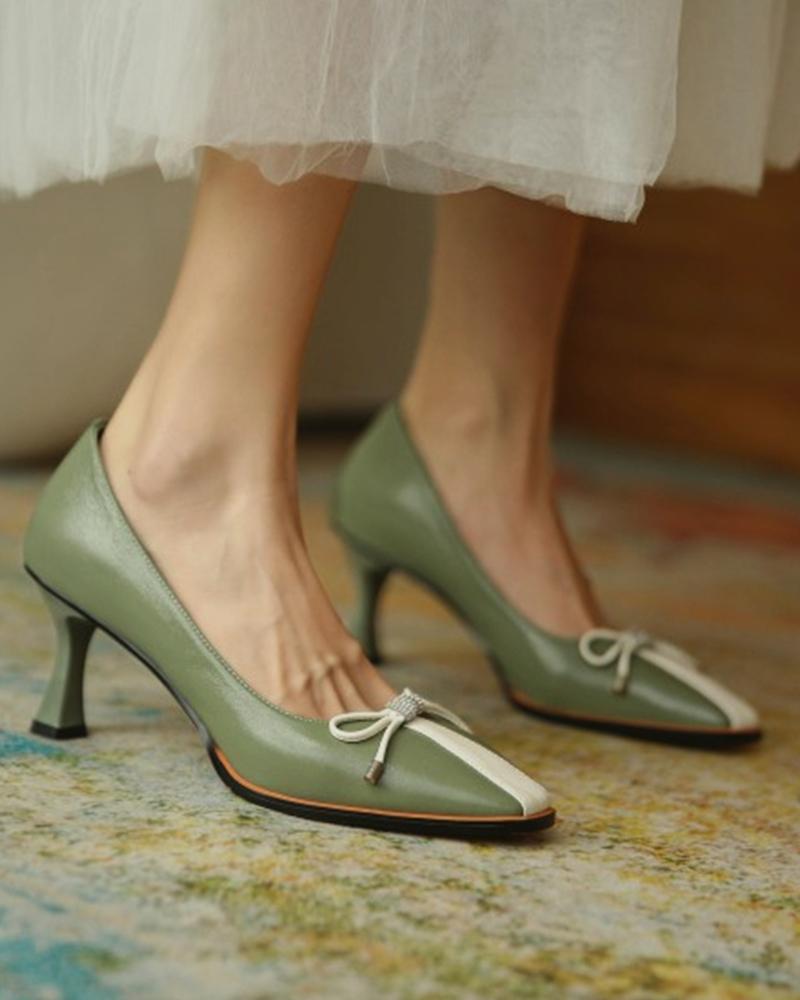 

Colorblock Bowknot Front Square Toe Pyramid Heels, Green