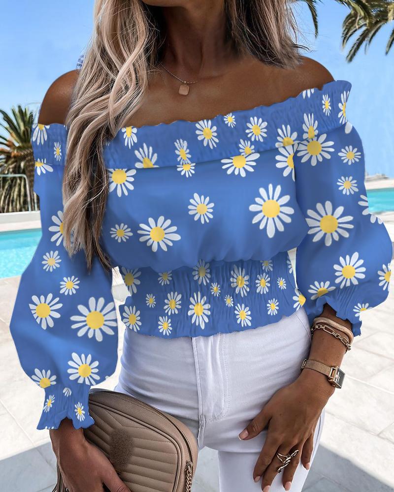 

Off Shoulder Daisy Print Shirred Lantern Sleeve Top, Blue