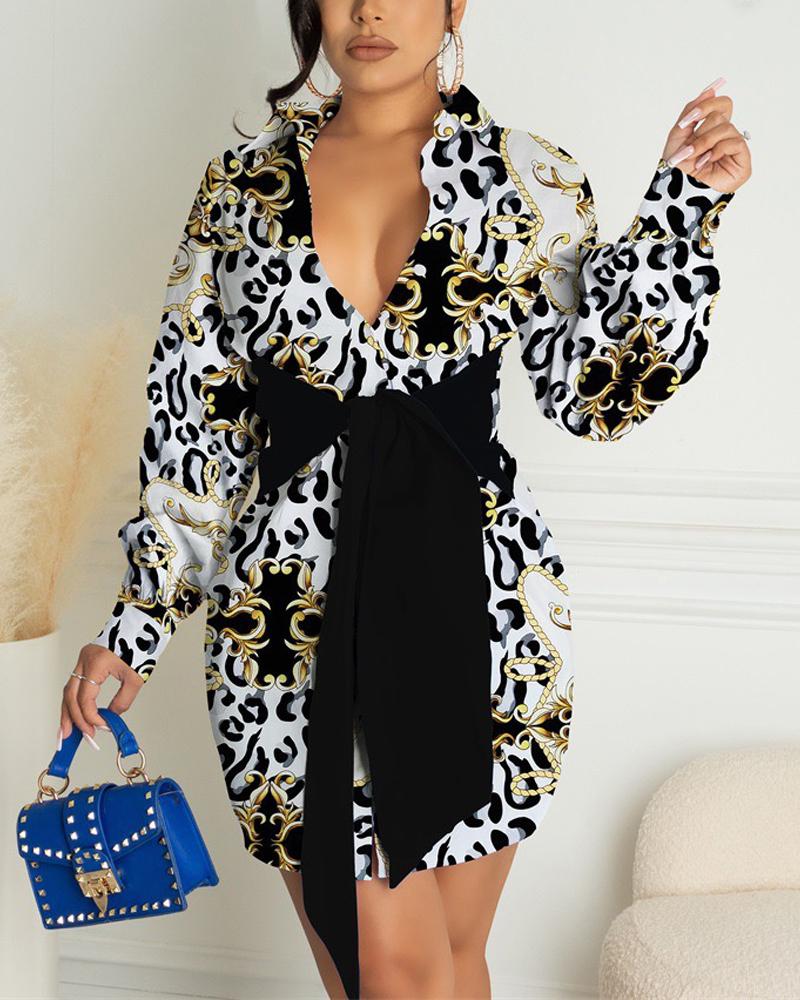 

Colorblock Leopard Print Long Sleeve Tie Detail Button Up Shirt Dress, Black