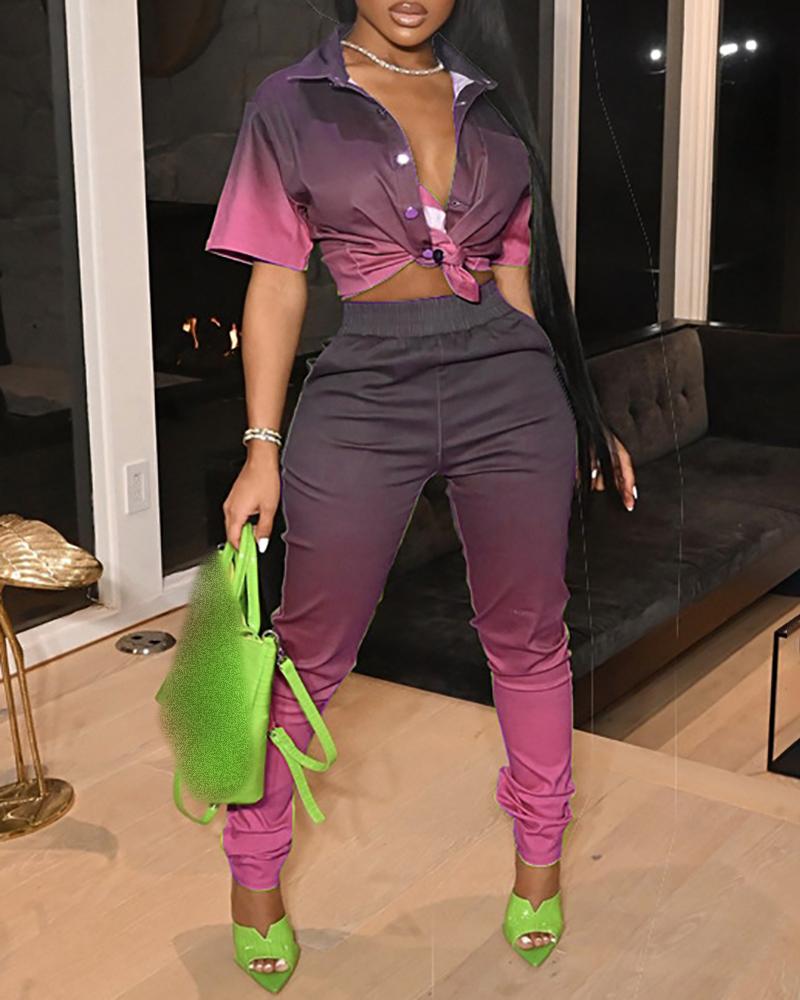 

Ombre Colorblock Buttoned Shirt & Pants Set, Hot pink