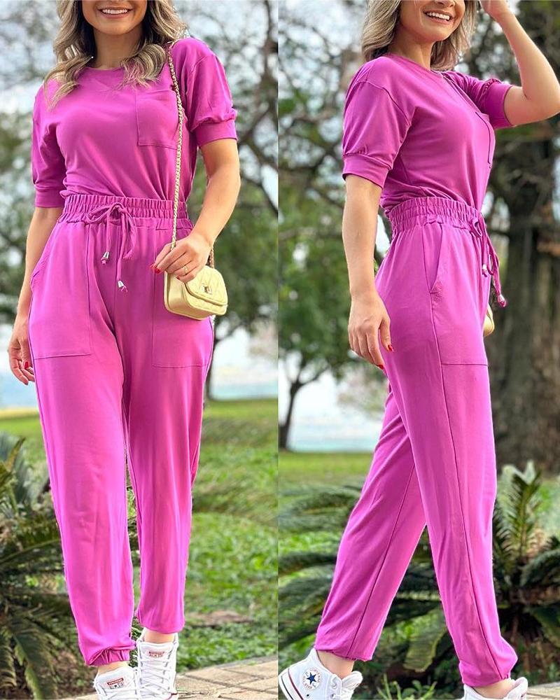 

Pocket Design Short Sleeve Top & Drawstring Pants Set, Pink