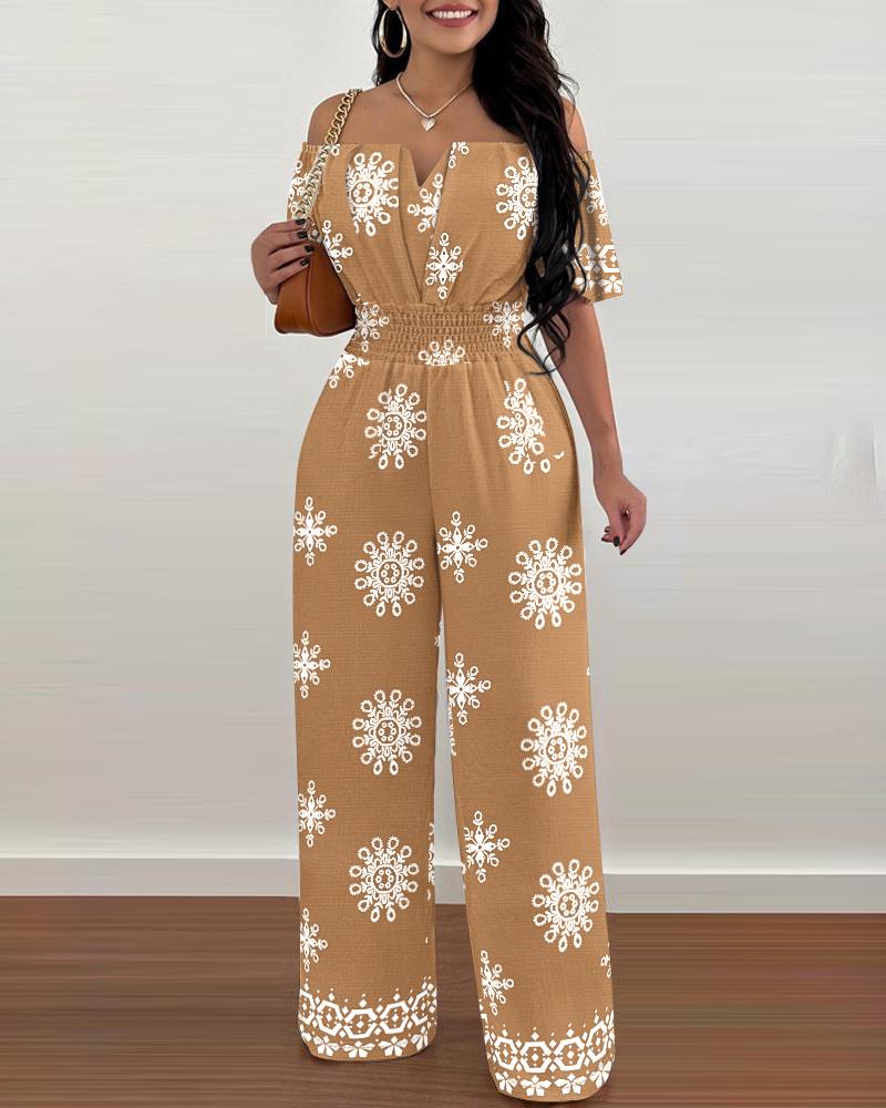 

Floral Print Off the Shoulder Short Sleeve Shirred Jumpsuit Casual Waist Boho Romper, Khaki