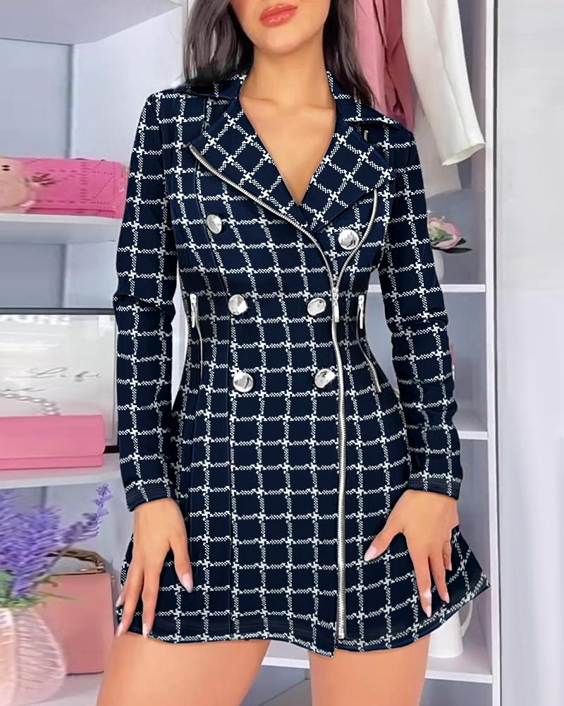 

Plaid Print Zipper Design Notched Collar Blazer Dress, Black