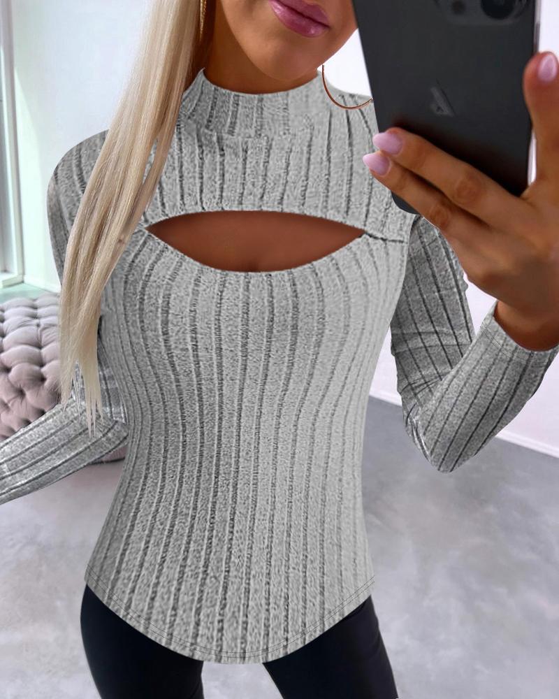 

Mock Neck Cutout Long Sleeve Ribbed Top, Gray