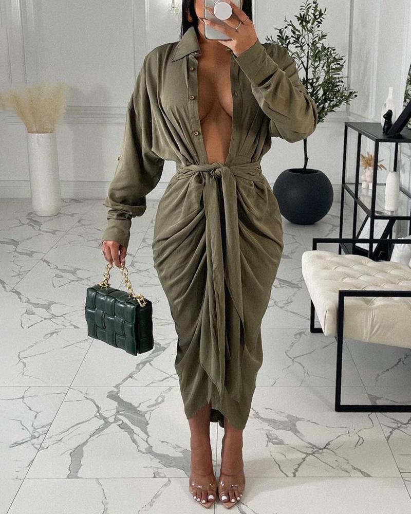 

Long Sleeve Buttoned Tied Detail Ruched Shirt Dress, Green