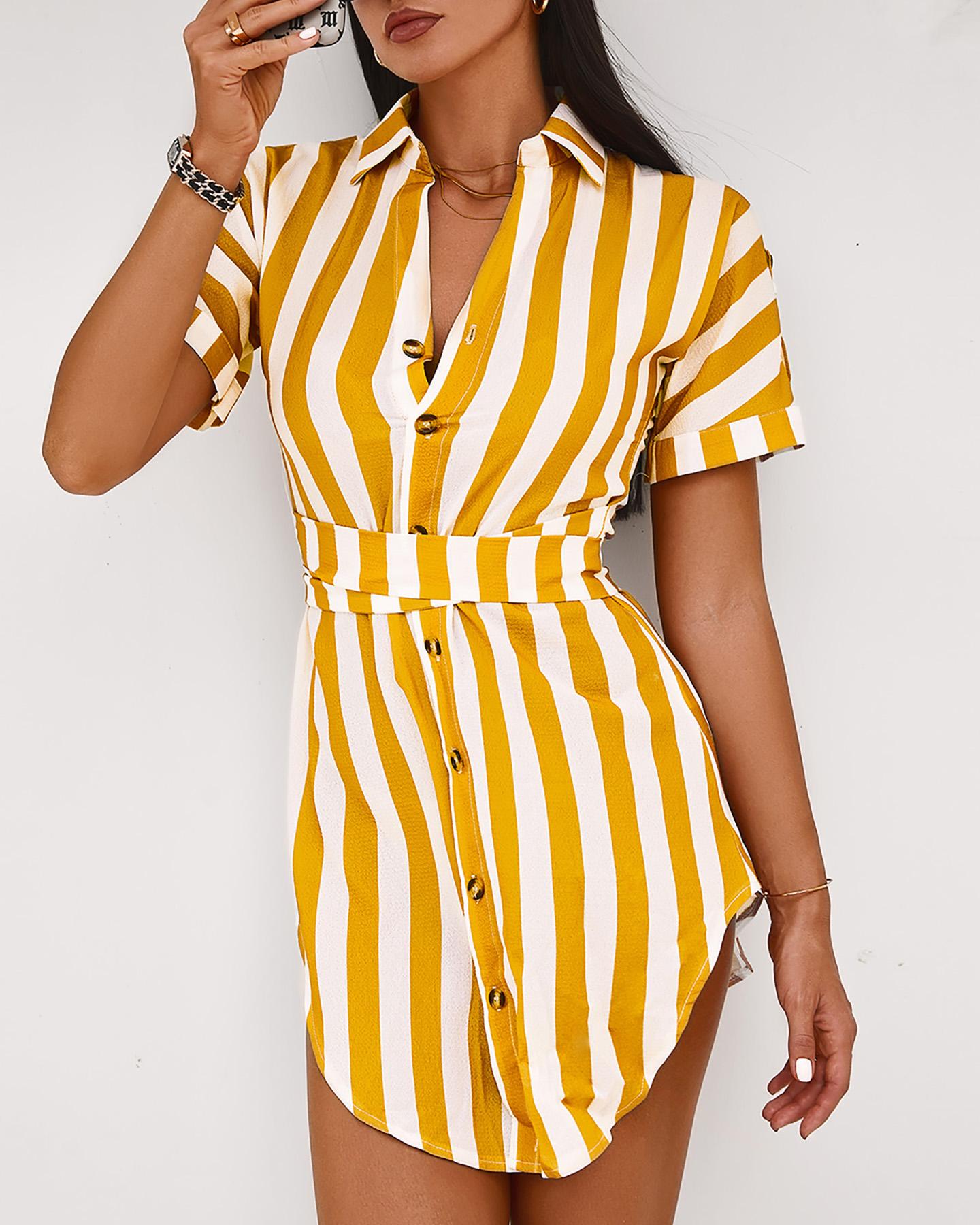 

Short Sleeve Striped Print Shirt Dress, Yellow