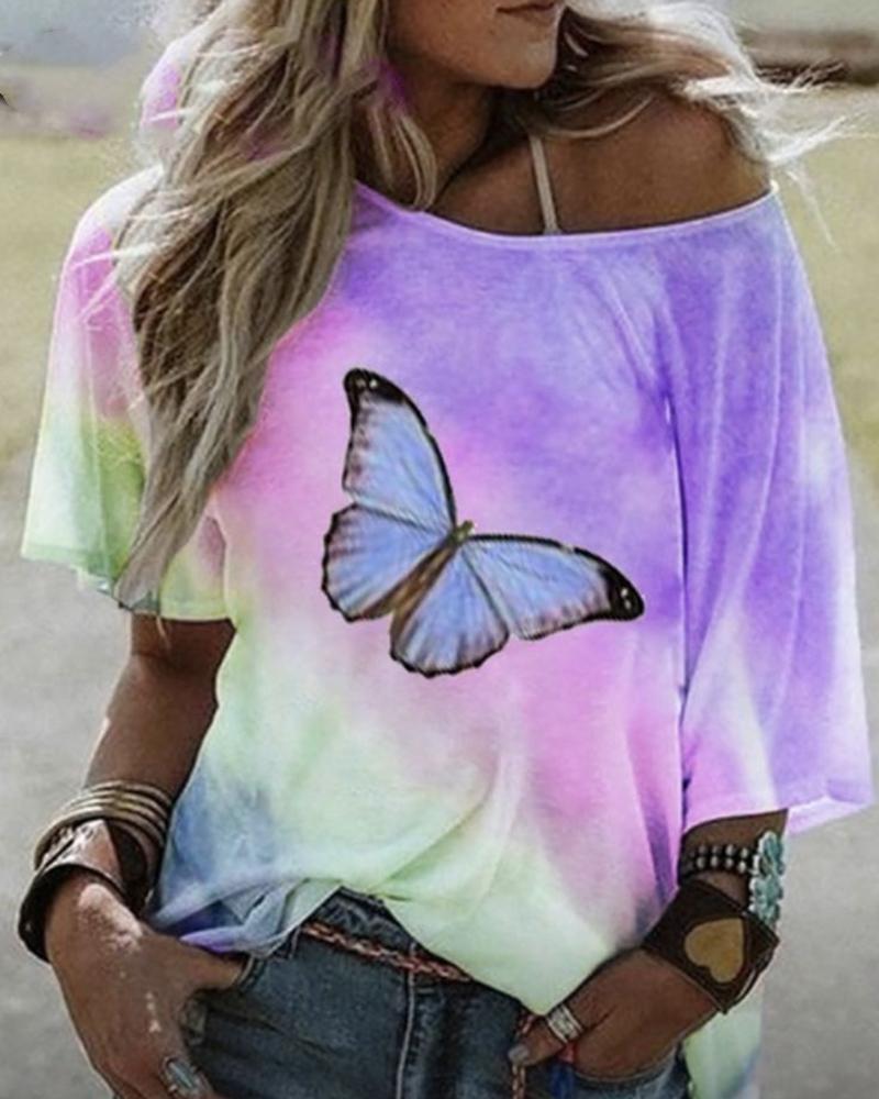 

Butterfly Tie Dye Print Casual T-shirt, Purple