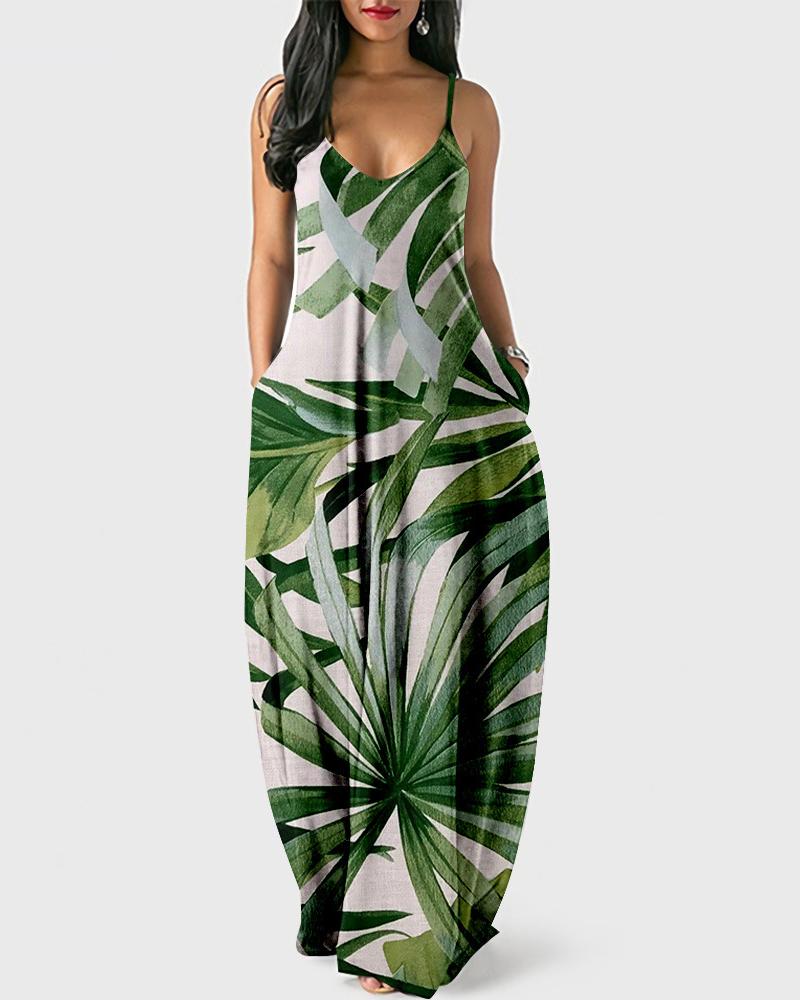 

Plus Size Plants Print Spaghetti Strap Maxi Dress, Green