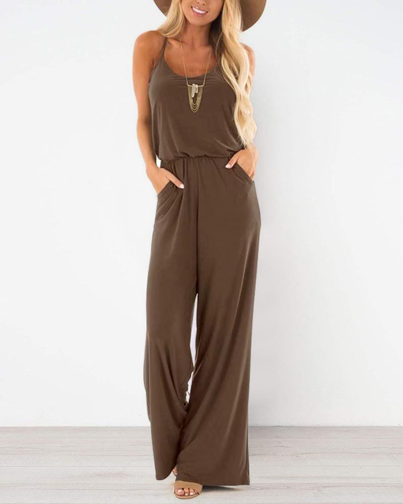 

Spaghetti Strap Pocket Design Jumpsuit, Brown