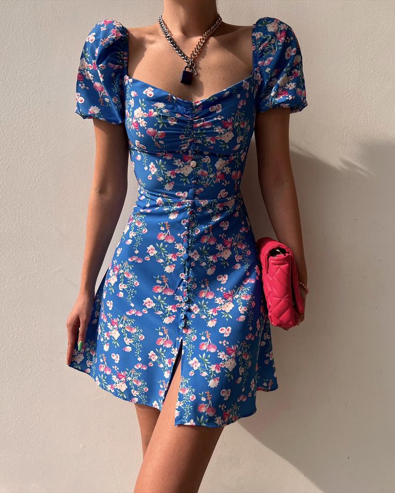 

Puff Sleeve Ruched Bust Floral Print Dress, Blue