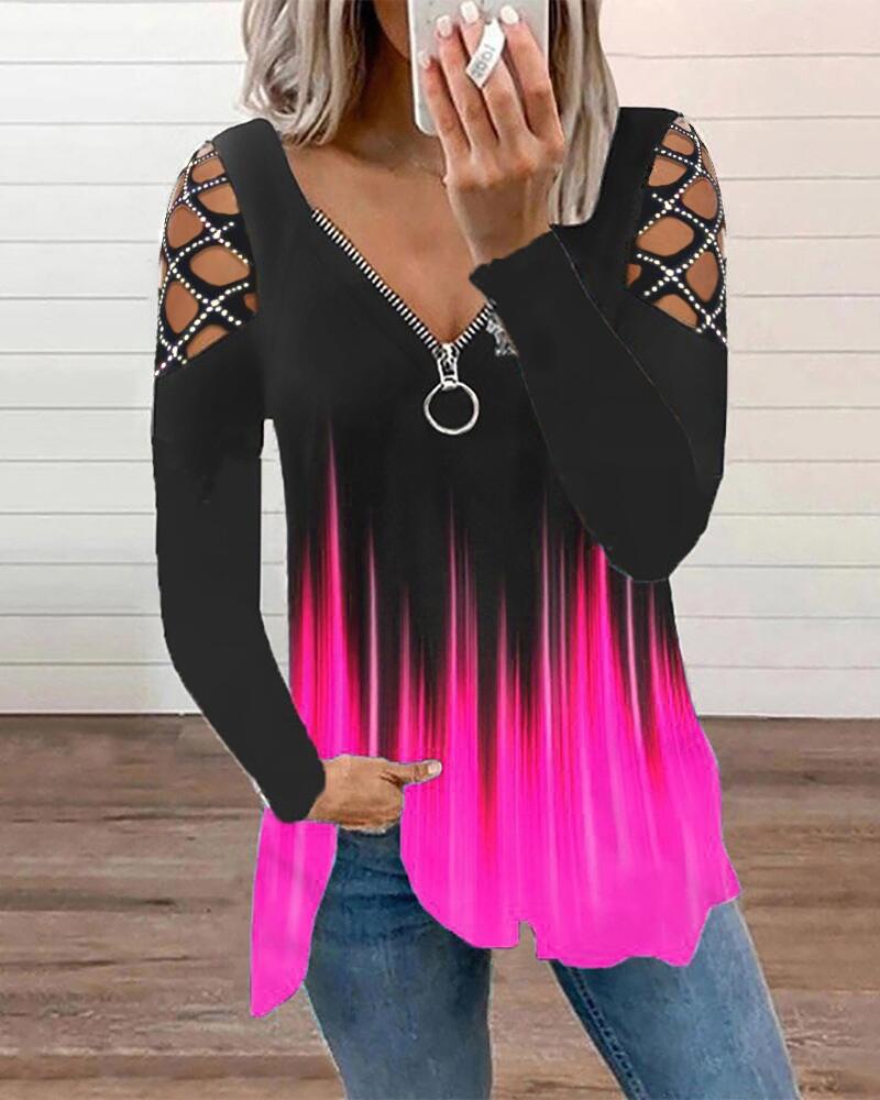 

Ombre Colorblock Rhinestone Cold Shoulder Zip Front Top, Hot pink