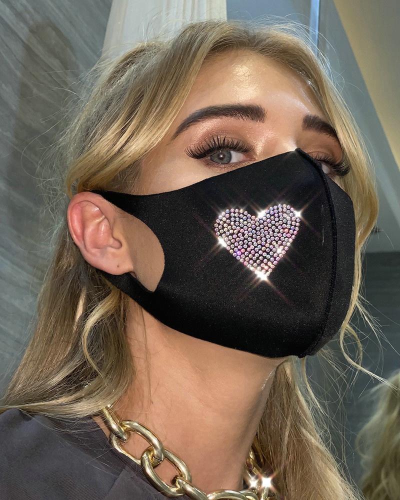 

Rhinestone Heart Shaped Washable Reusable Breathable Face Mask, Black