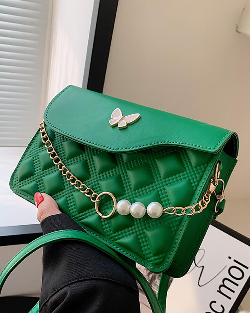 

Pearls Chain Decor Butterfly Pattern Quilted Crossbody Bag, Green