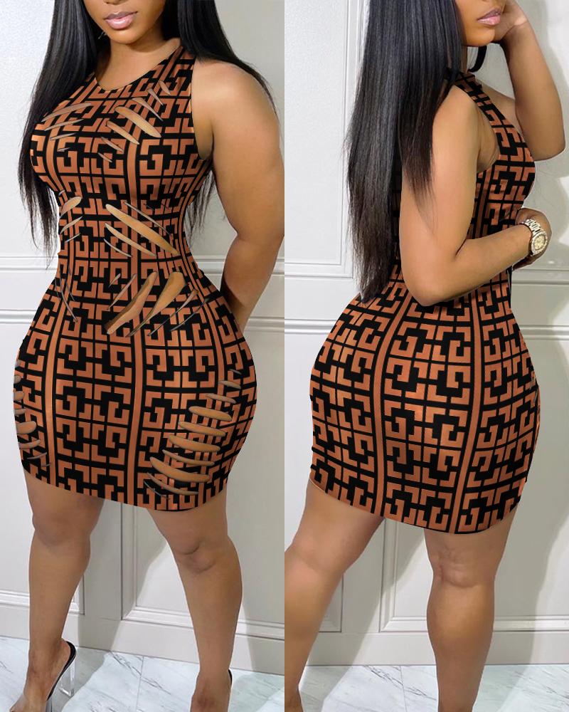 

Geo Print Cutout Sleeveless Bodycon Dress, Brown