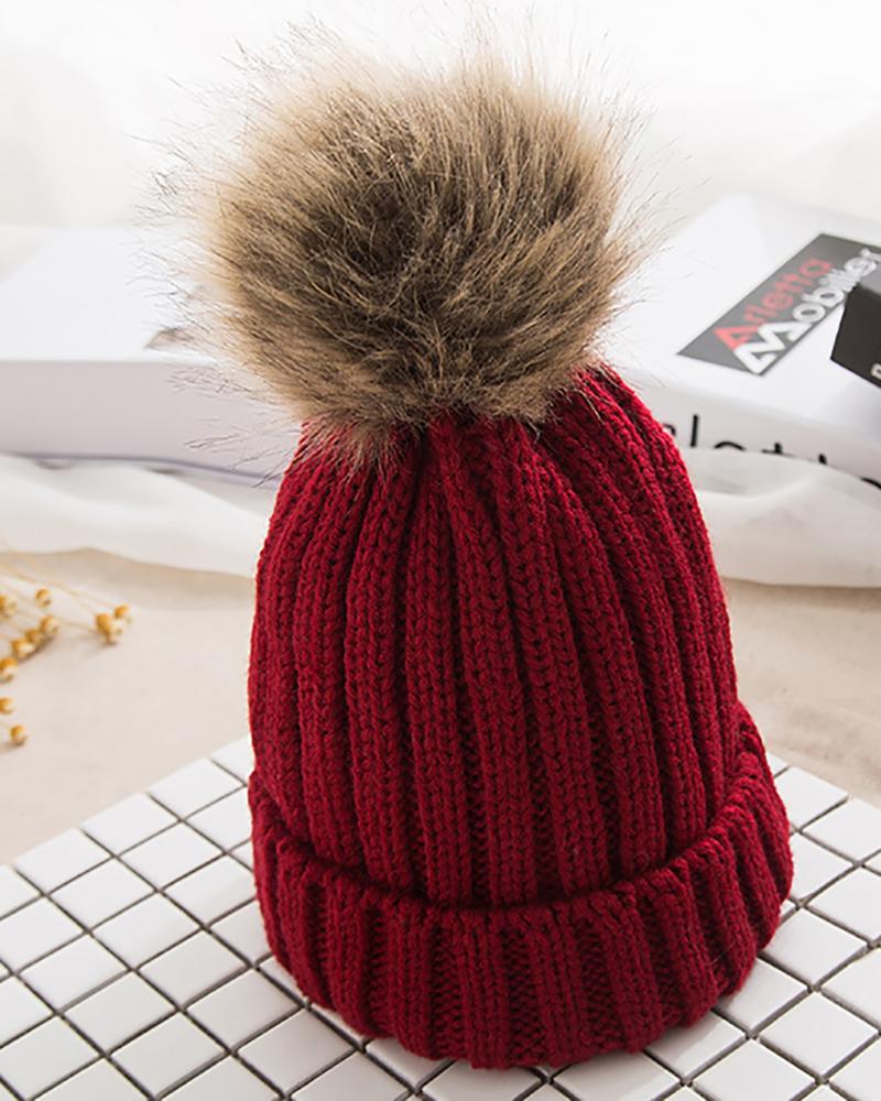 

Pom Pom Decor Knit Beanie, Wine red