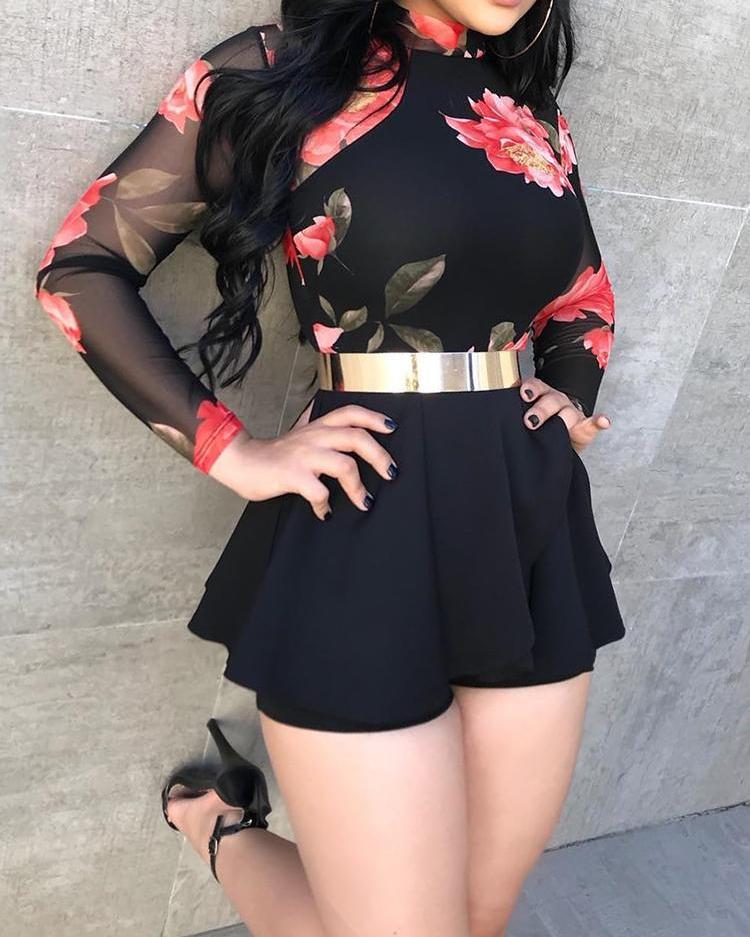 

Floral Print Mesh Cutout Back Pleated Playsuit, Black