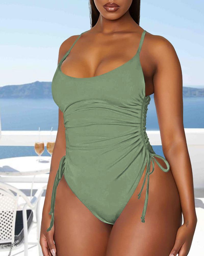 

Drawstring U-Neck Sleeveless One Piece Swimsuit, Green