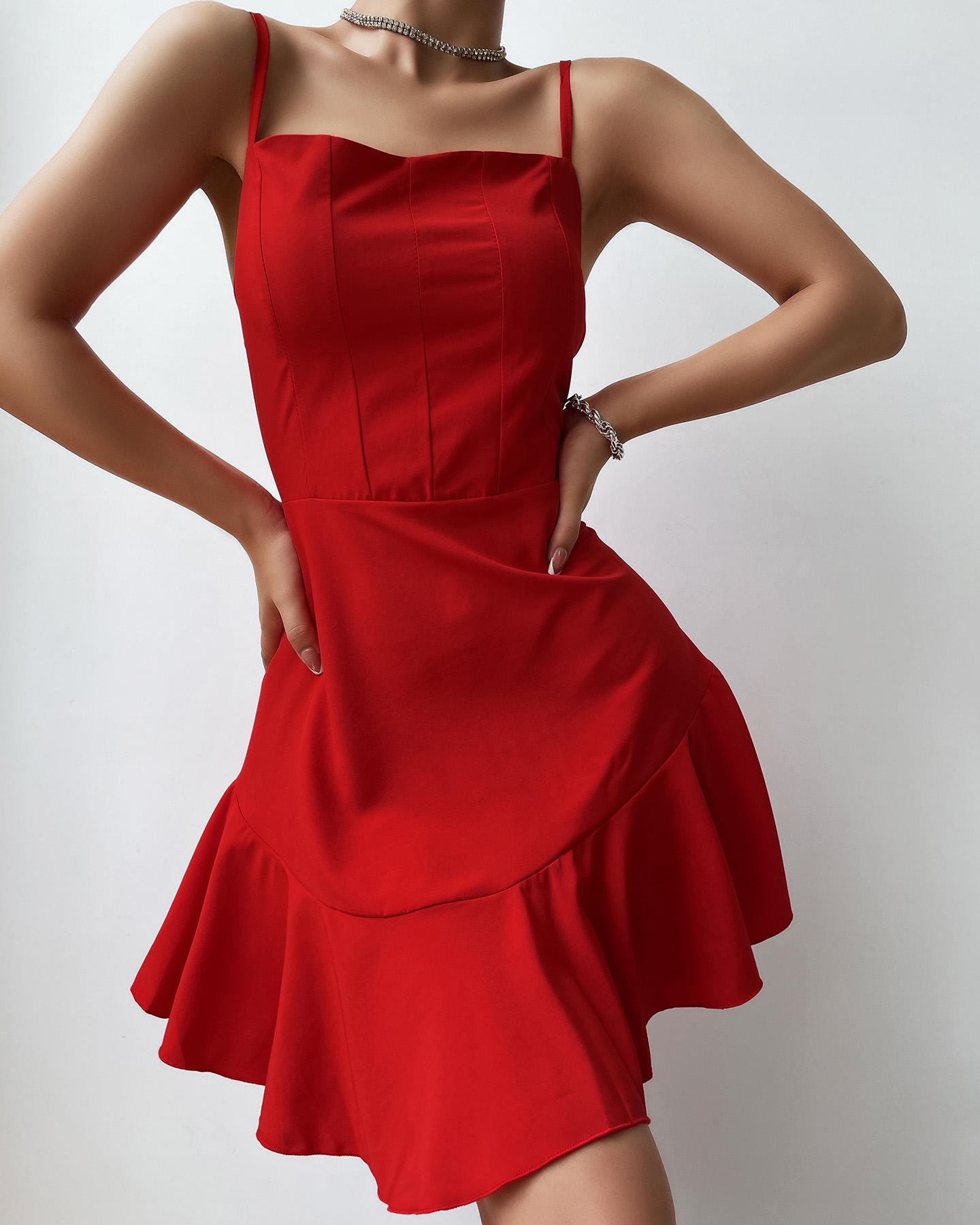 

Solid Color Ruffle Hem Cami Dress, Red