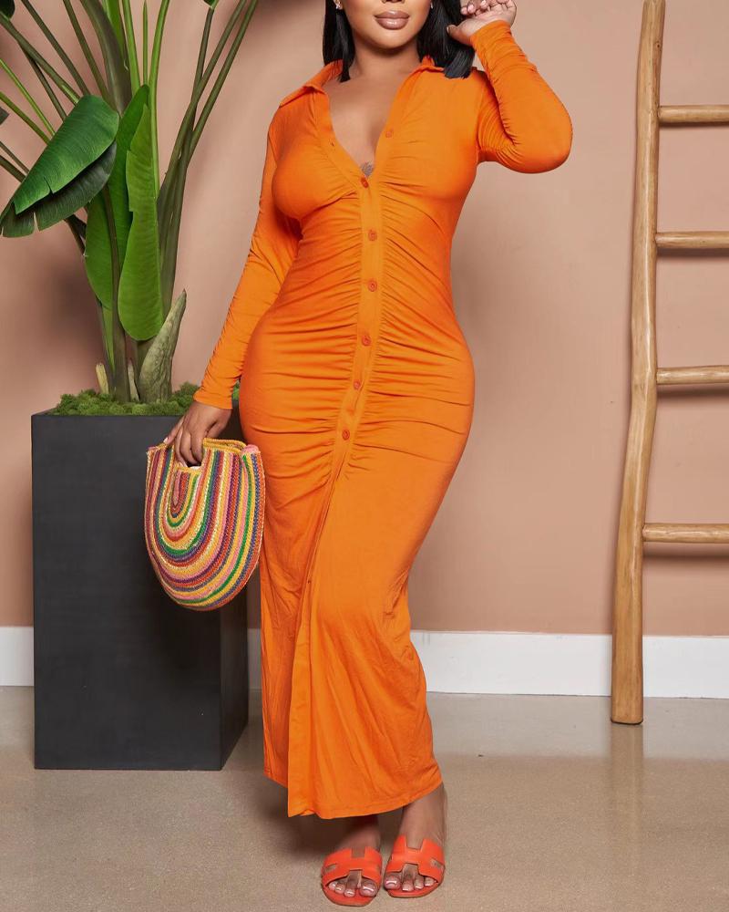

Long Sleeve Button Down Ruched Shirt Dress, Orange