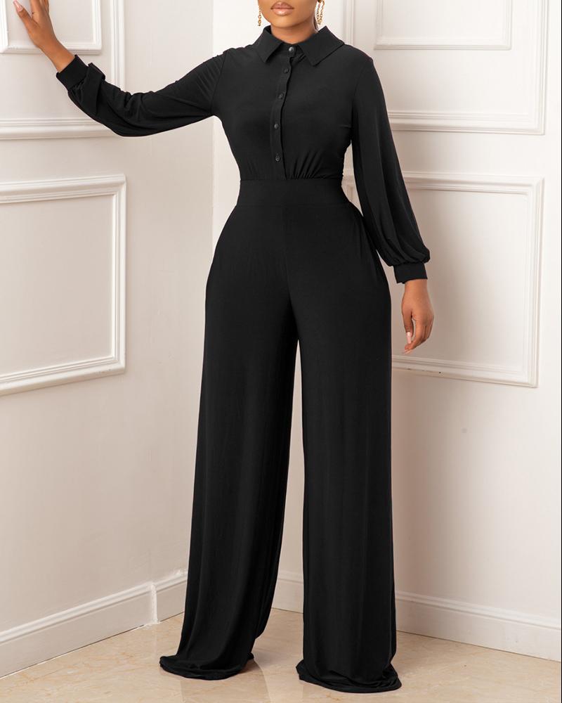 

Lantern Sleeve Buttoned Wide Leg Jumpsuit, Black