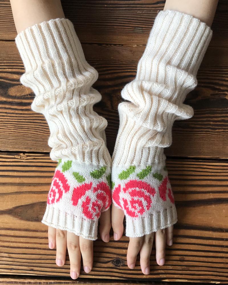 

1Pair Floral Pattern Knit Fingerless Thumbhole Arm Warmers Gloves, Apricot