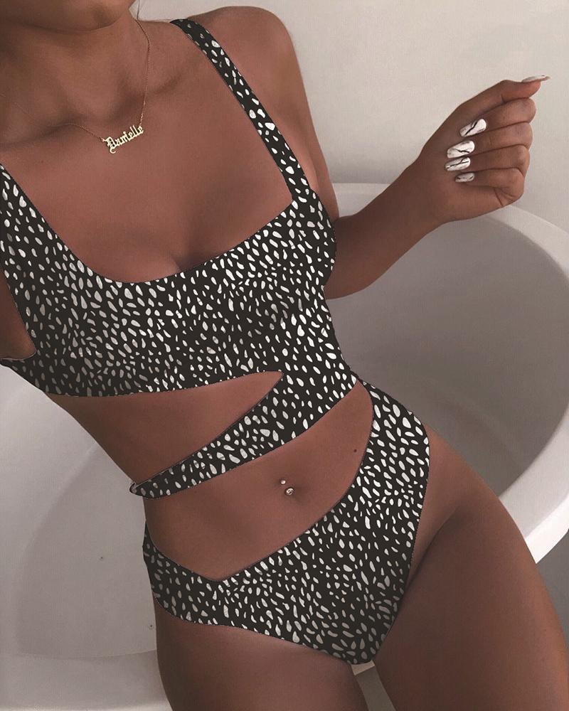 

Leopard Print Cutout One Piece Swimsuit, Black