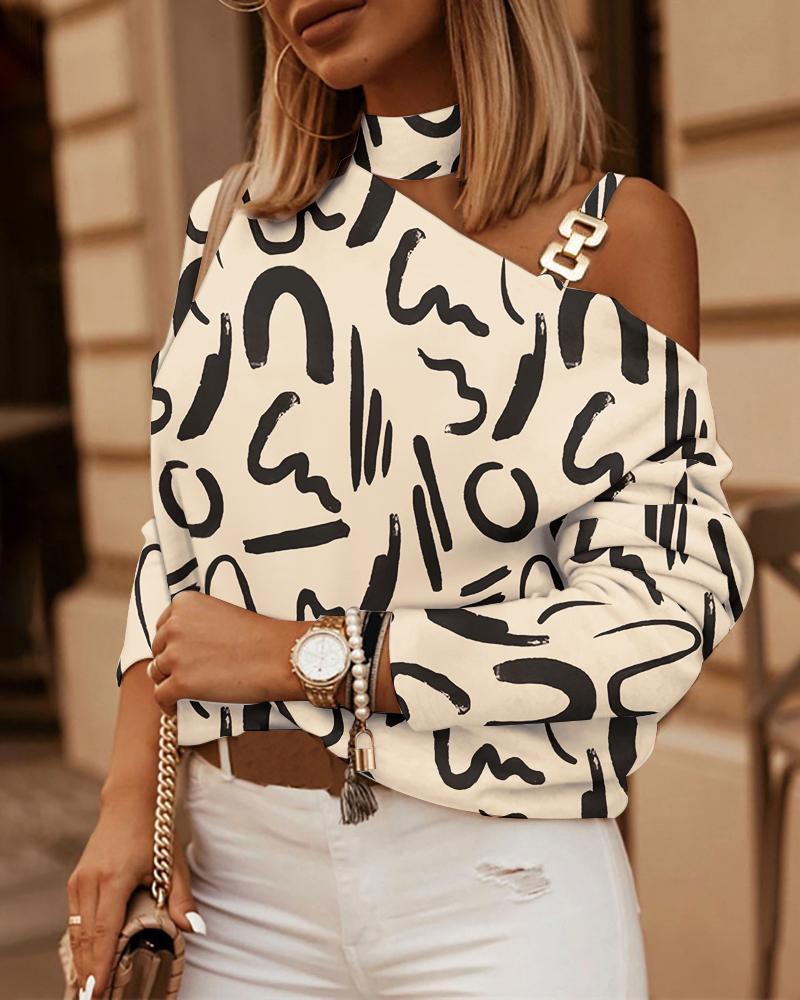 

Abstract Print Metal Decor Cold Shoulder Top, Apricot